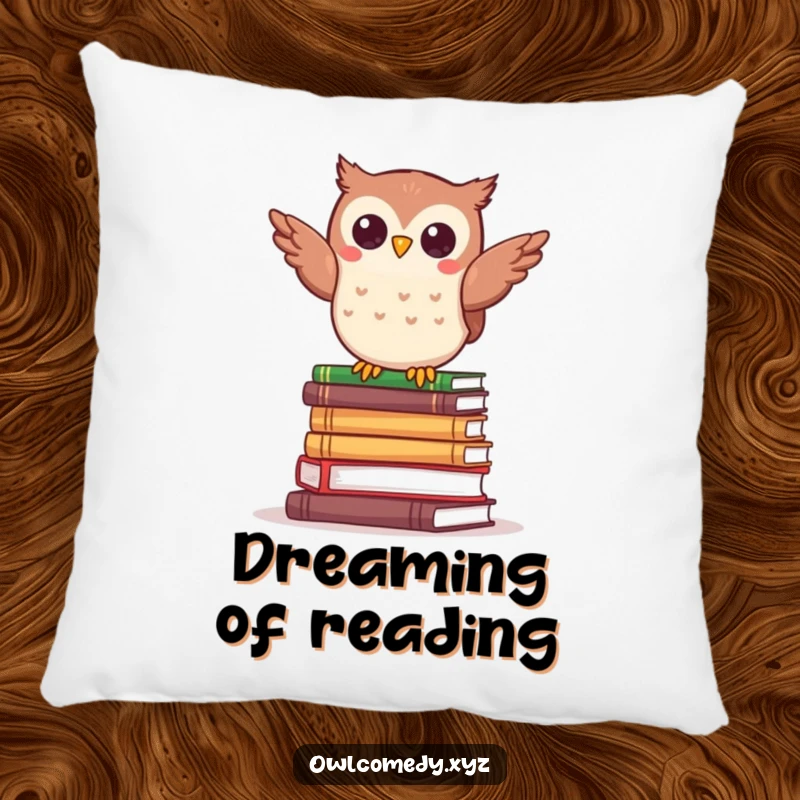 Funny kawaii owl balancing comically on a stack of tiny books, a soft and humorous pillow.