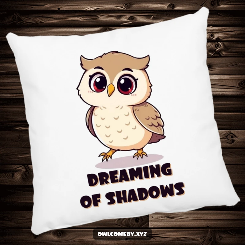 Funny pillow with a playful owl looking delighted while chasing its own shadow.