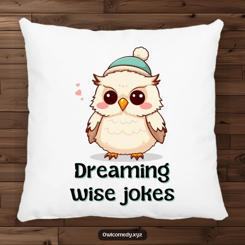 Funny fluffy owl wearing a small hat, telling a joke, offering plush comfort and delightful humor on this decorative pillow.