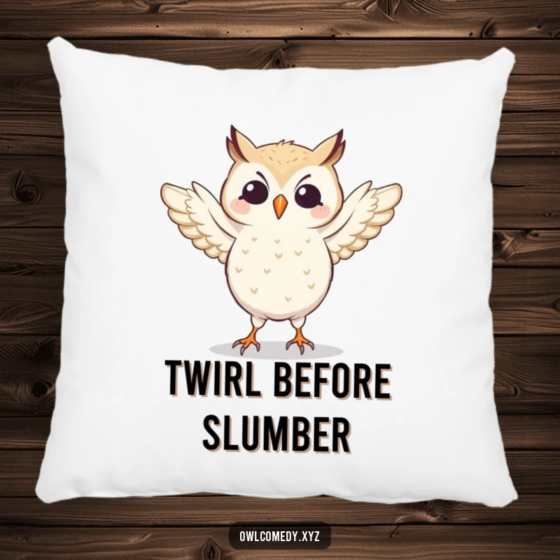 Soft pillow featuring a funny dancing owl, wings flapping energetically. Ideal for adding a lively touch to any room.