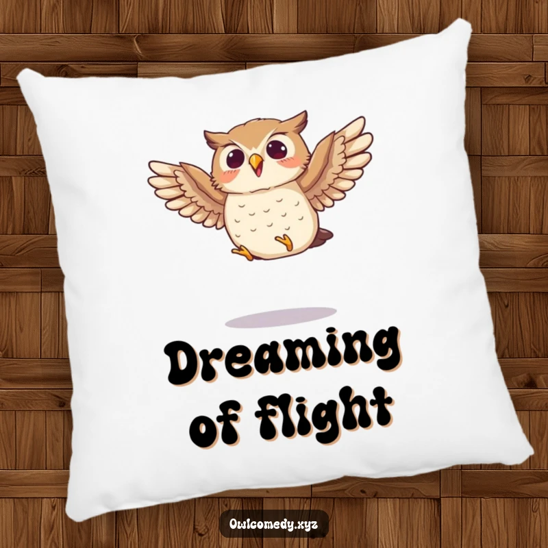 Funny pillow featuring a small owl enthusiastically flapping its wings mid-jump, providing humorous comfort and a dynamic decorative touch.