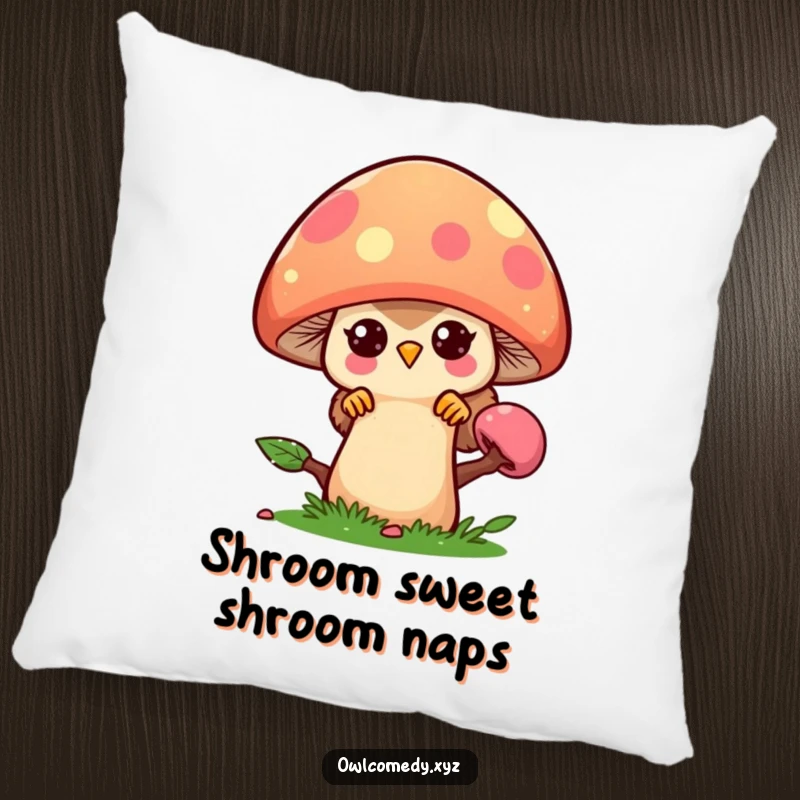 Funny kawaii owl character peeking from behind a large, colorful mushroom, on a soft decorative pillow.