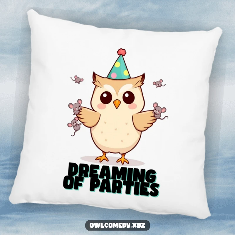 Funny Kawaii owl pillow wearing a party hat and juggling mice, offering soft and humorous comfort, a perfect gift for whimsical decor.