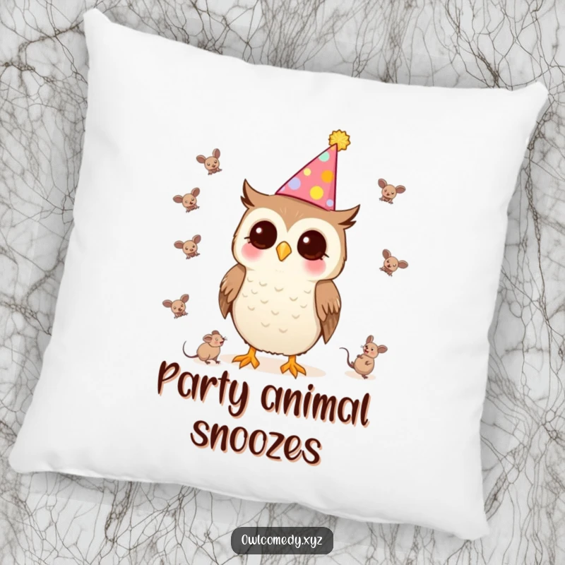 Funny Kawaii Owl Pillow with a party hat, juggling tiny mice, soft and perfect for celebrations.