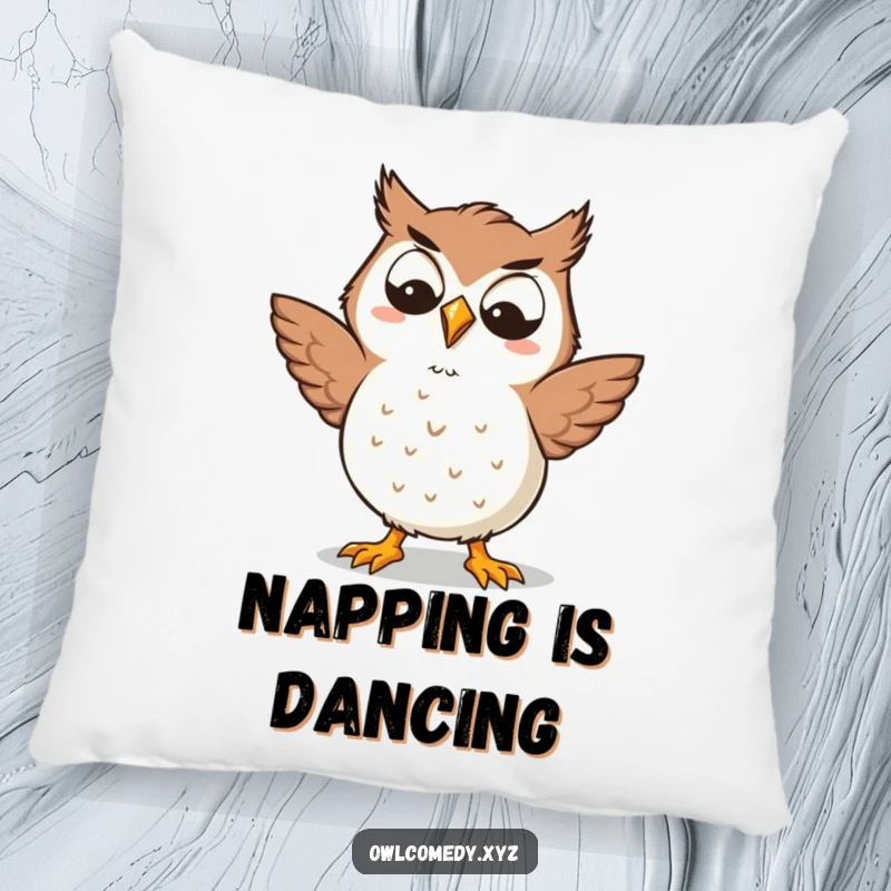 Funny Kawaii owl pillow with a goofy grin, doing a silly dance, offering soft and humorous comfort, a perfect gift for whimsical decor.