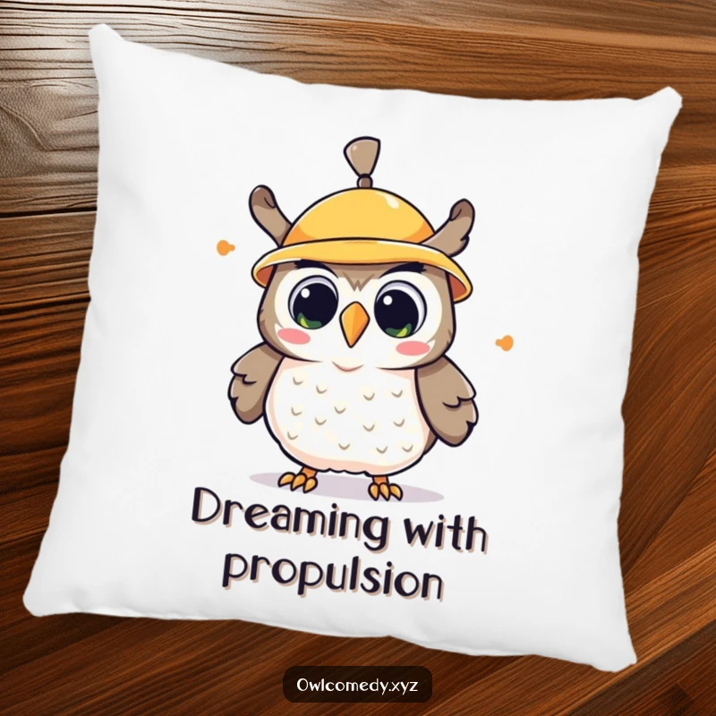 Funny kawaii owl pillow, a cute owl wearing a propeller hat that spins, looking surprised and happy.