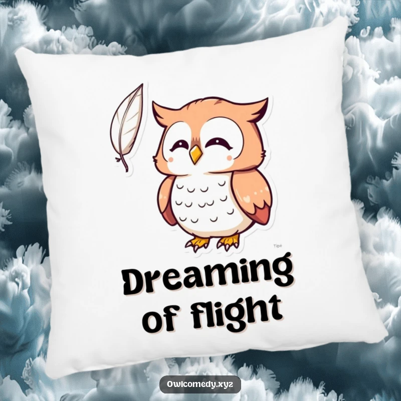 Funny Kawaii owl pillow, owl surprised by a feather, soft cushion, whimsical decor, comfortable, humorous.