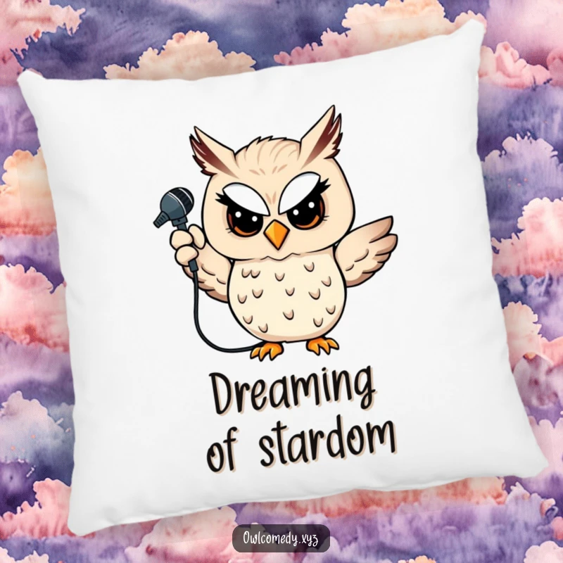 Funny owl pillow with a winking owl holding a microphone, a soft and humorous decorative accent for any performer's space.