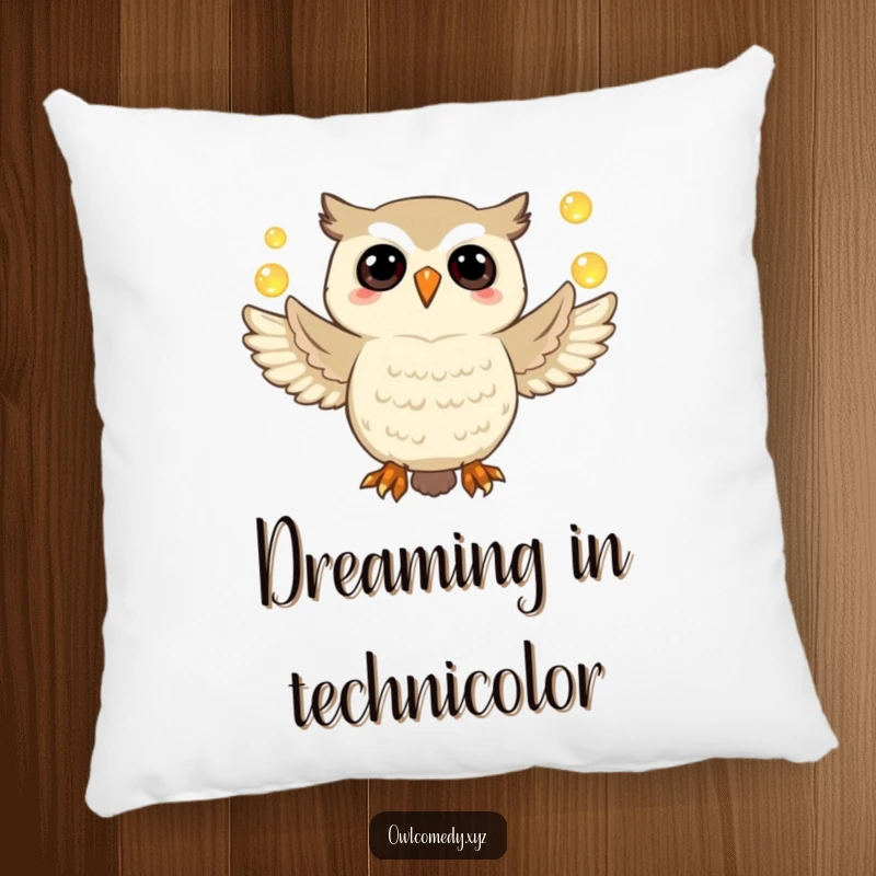 Funny owl pillow featuring a jubilant owl masterfully juggling softly glowing orbs, plush decor for cozy spaces.
