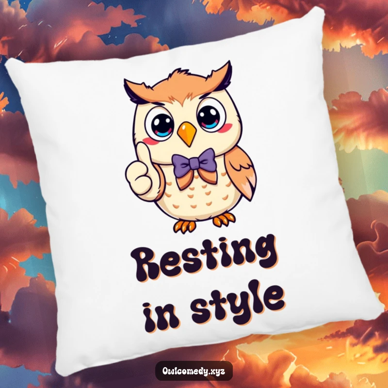 Funny smiling owl wearing a bow tie, giving a thumbs up, offering plush comfort and dapper humor on this decorative pillow.