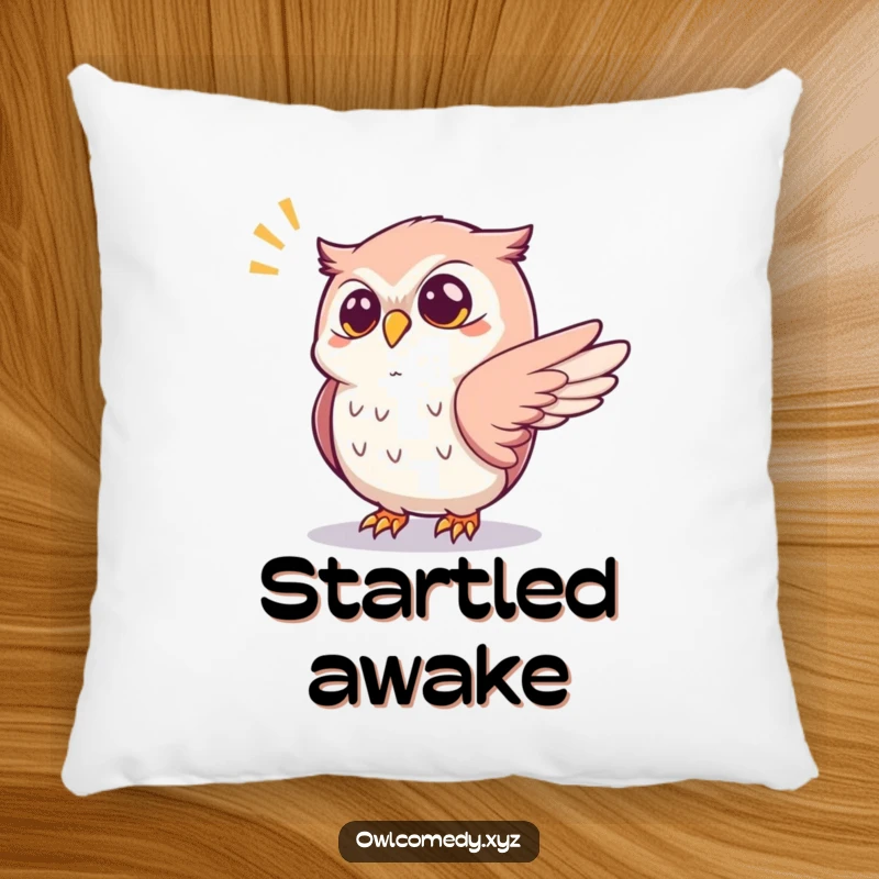 Funny startled kawaii owl pillow, with one wing outstretched reacting to a popping sound, a soft and humorous decorative cushion.