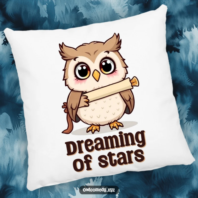 Funny surprised owl looking through a scroll telescope on a pillow, wide eyes seeking the stars, a cozy accent.