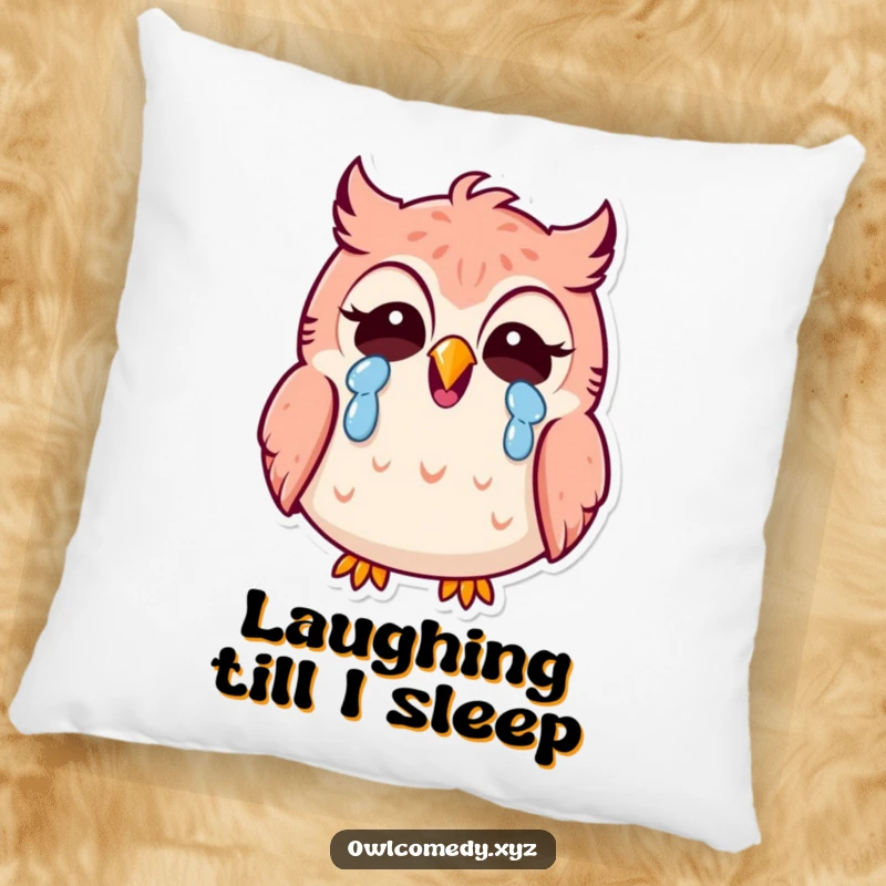 Funny Kawaii owl pillow, owl crying tears of laughter, soft cushion, humorous home decor, comfortable, comical.