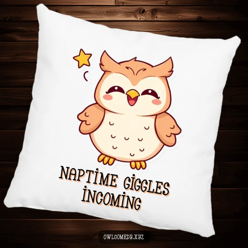 Funny kawaii owl pillow, a delighted creature laughing with a star in its speech bubble, soft comfortable humorous gift.