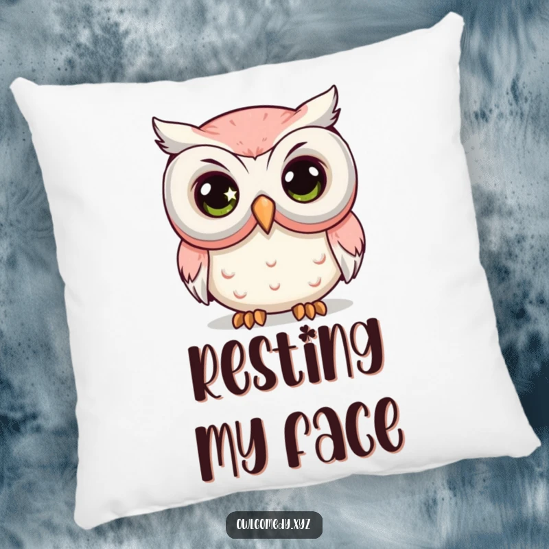 Funny Comedy Mask Owl Pillow with a kawaii owl's large, sparkling eye peeking from behind a big comedy mask.