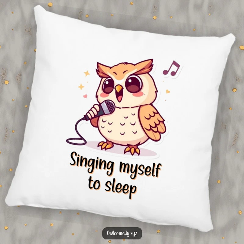 Funny pillow showcasing an enthusiastic owl character singing into a microphone, providing a soft and humorous decorative element.