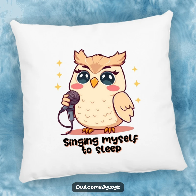 Funny Kawaii owl singing joyfully into a microphone on this soft and plush pillow.