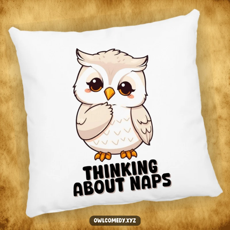 Funny pillow showcasing a wise owl character stroking its chin with a claw, providing a soft and humorous decorative touch.