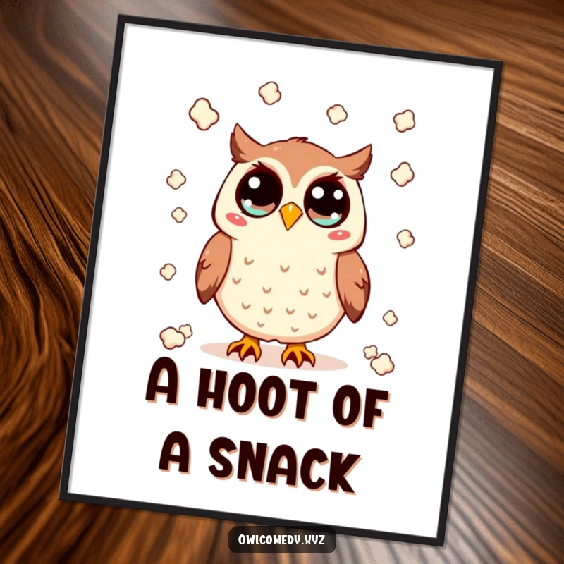 Funny Kawaii owl digital art print with wide eyes, throwing popcorn, a humorous and cute design perfect for movie-themed decor, great gift.