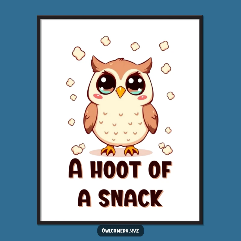 Funny Kawaii Owl Digital Art - Popcorn Toss, Wide-Eyed Fun, Instant Humorous Decor