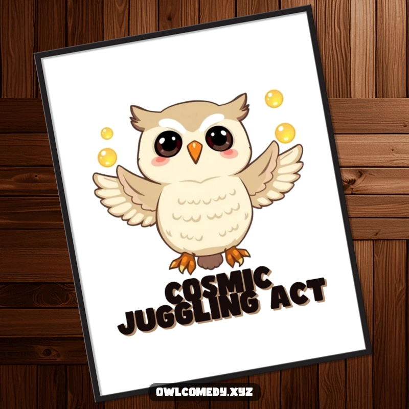 Funny owl digital art print of a jubilant owl mid-juggle with brightly glowing orbs, magical and humorous artwork.