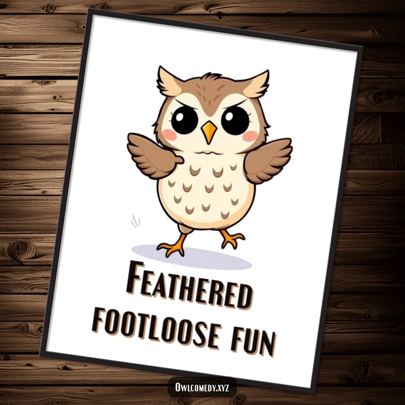 Funny kawaii owl digital art, an owl performing a silly jig with motion lines, radiating playful energy.