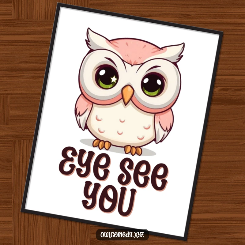 Funny Comedy Mask Owl Digital Art Print with a kawaii owl's large, sparkling eye peeking from behind a big comedy mask.