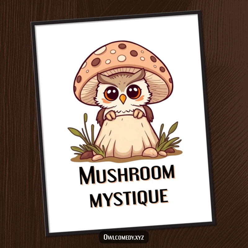 Funny curious kawaii owl peeking from behind a spotted mushroom, looking surprised, digital art print, instant download, woodland decor.