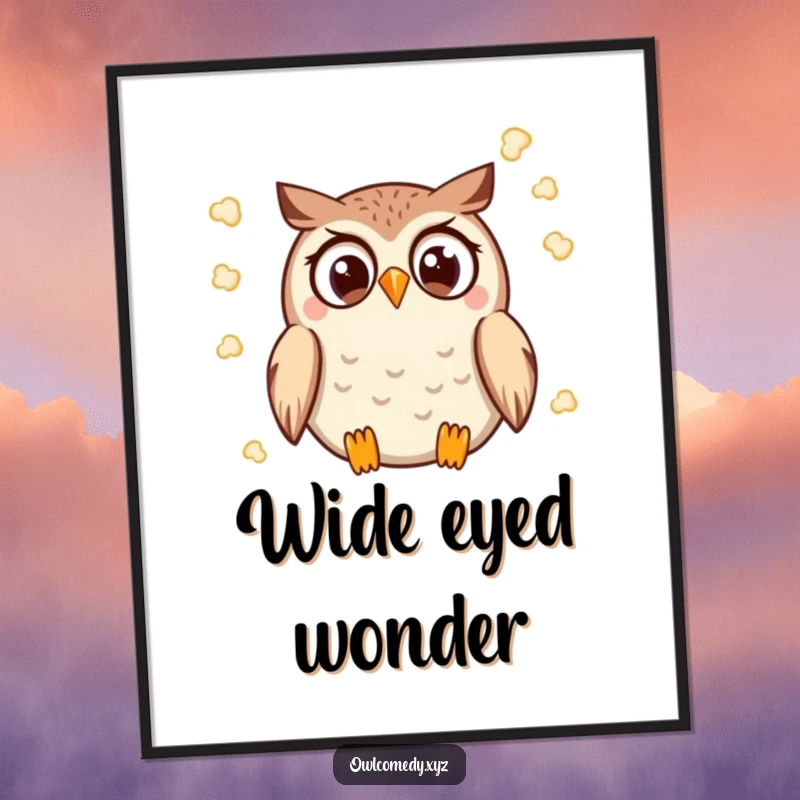Funny Kawaii Owl Digital Art Print with wide eyes, joyfully throwing popcorn, a fun cinematic piece.