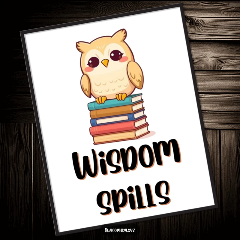Funny Kawaii Owl Digital Art Print, a cute owl grinning as it knocks over books, downloadable humorous artwork.