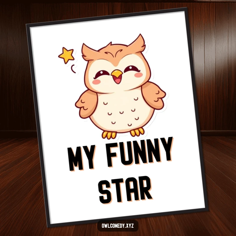Funny kawaii owl digital art, a delighted owl laughing heartily with a star, printable humorous artwork.
