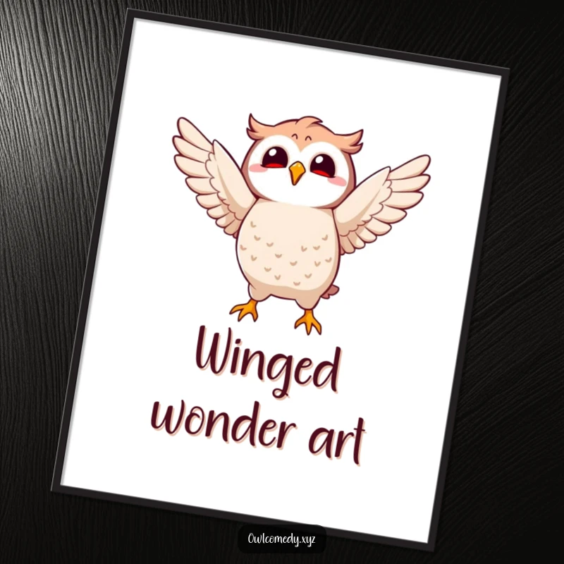 Funny Kawaii owl digital art print with a character joyfully flapping its wings, ready for download and display.