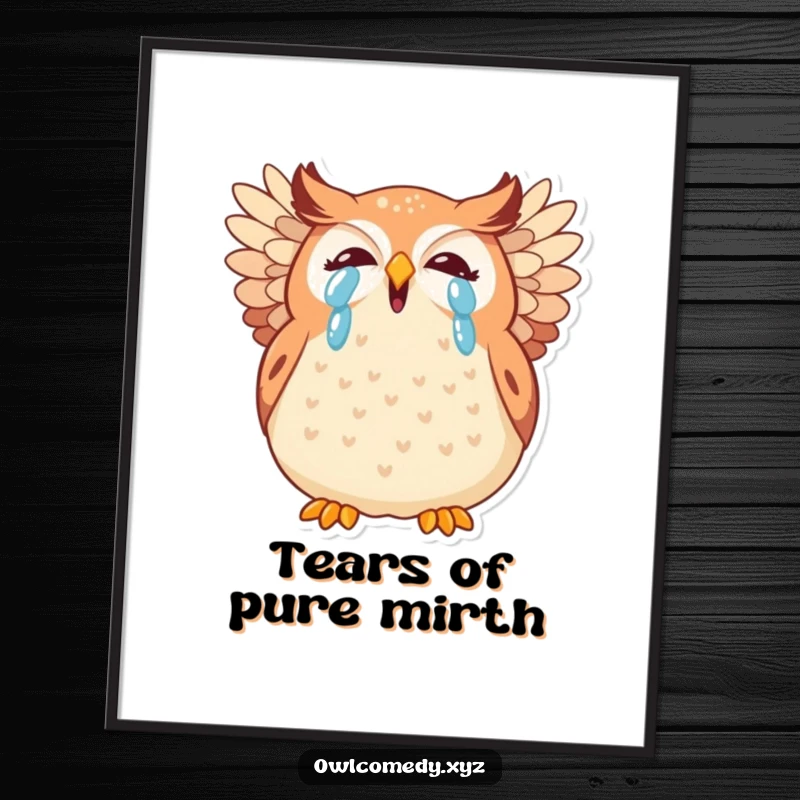 Funny kawaii owl digital art, a plump, tearful owl giggling, wings spread wide, capturing pure comedic bliss.