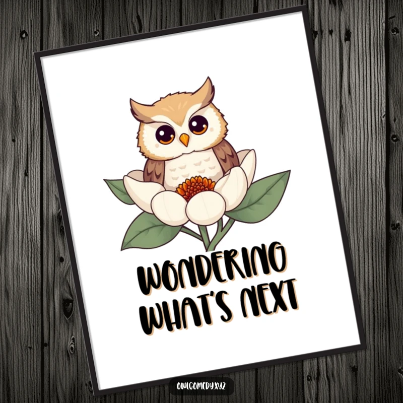 Funny owl digital art print of a curious owl peeking from behind a flower, offering instant whimsical humor for any space.
