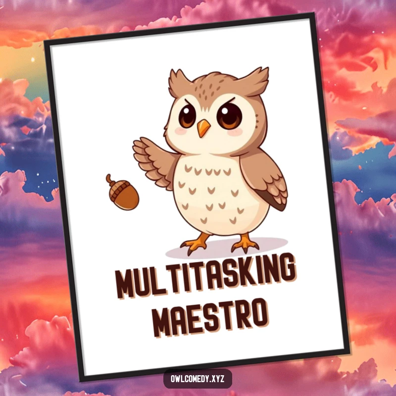 Funny digital art print of a playful owl juggling acorns with its talons, creating a whimsical and fun visual.