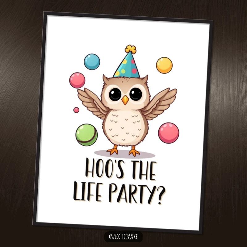 Funny digital art print of a tiny owl in a party hat juggling colorful balls with its wings, perfect for humor.