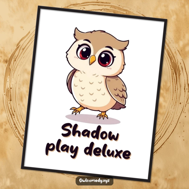 Funny digital art print of a playful owl joyfully chasing its shadow with a look of delight.