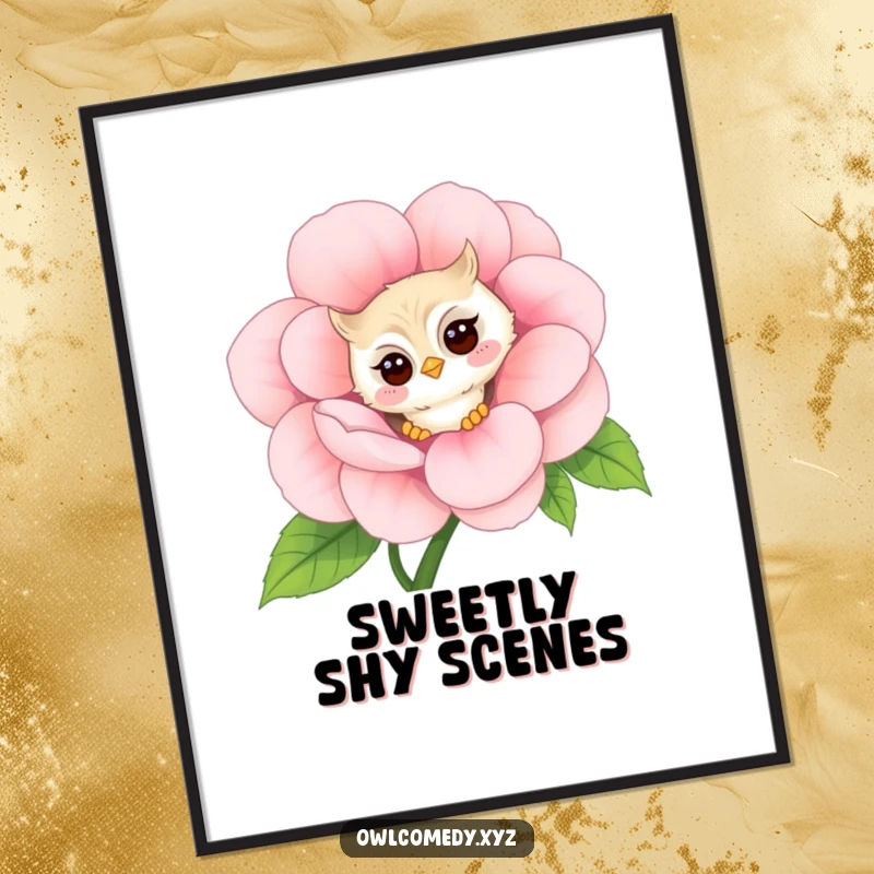 Funny shy kawaii owl digital art print, peeking around a giant flower with a faint blush, a whimsical and humorous artwork.
