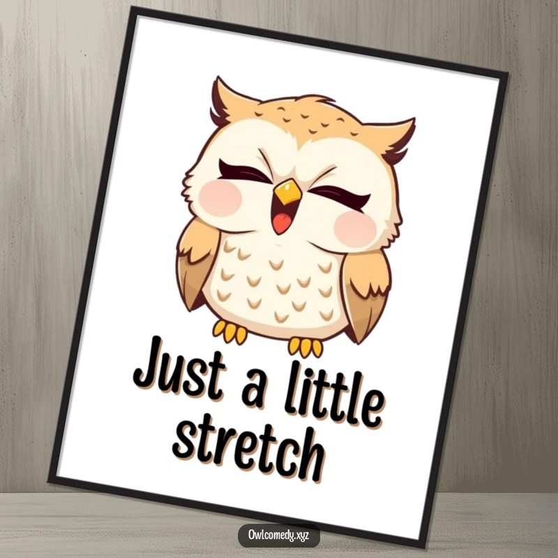 High-resolution digital art print of a funny sleepy owl yawning widely with a tiny giggle escaping. Instant wall decor.