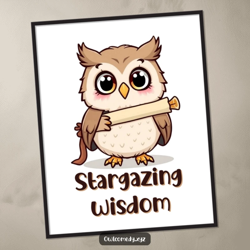 Funny surprised owl looking through a telescope made of a scroll, wide eyes showing wonder, high-resolution digital art.