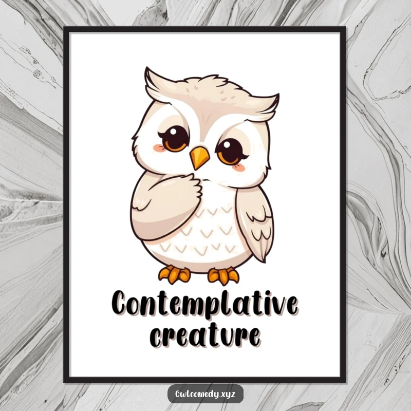 Funny digital art print of a wise owl character stroking its chin with a claw, evoking deep thought and wisdom.
