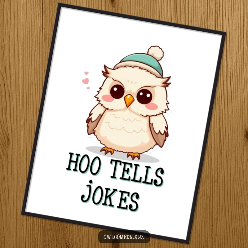 Funny fluffy owl wearing a tiny hat, mid-joke, as a downloadable digital art print radiating whimsical humor and charm.