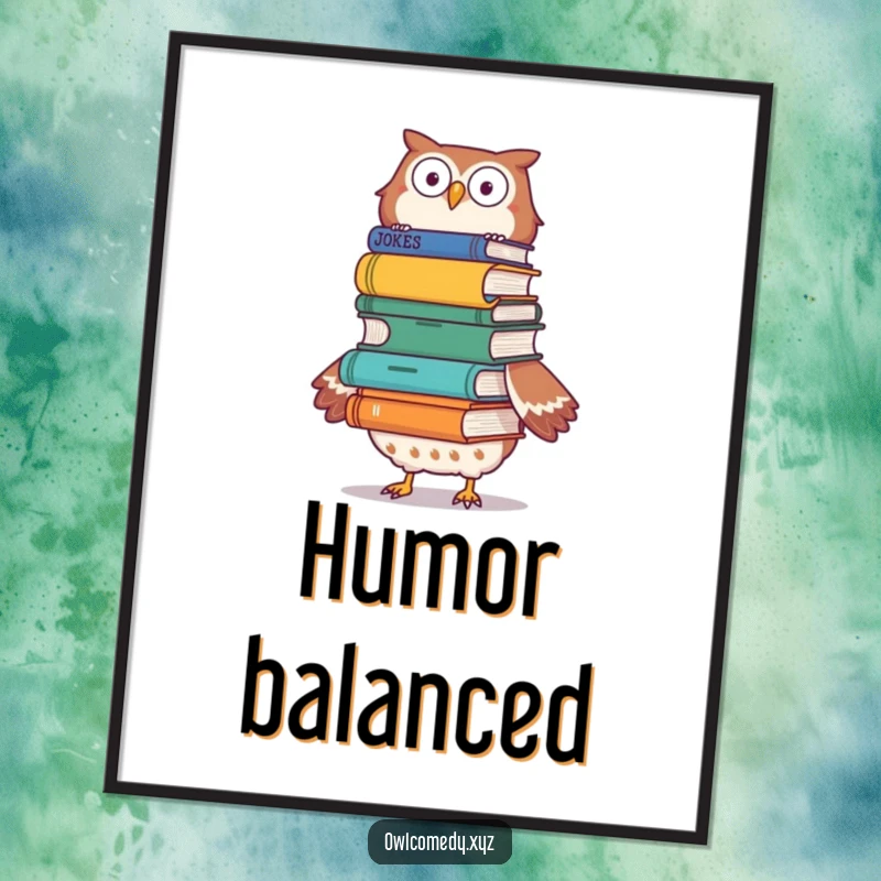 Funny owl balancing a stack of joke books on its head, looking focused, high-resolution digital art.