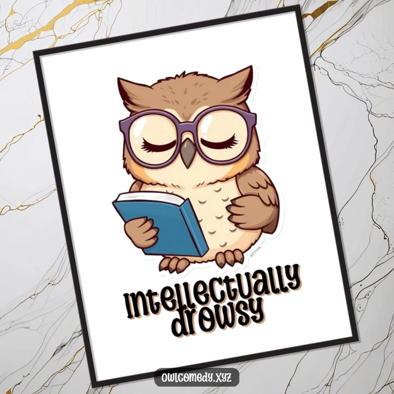 Funny digital art print of a sleepy owl wearing large glasses, diligently reading a tiny book, ideal for cozy, humorous decor.