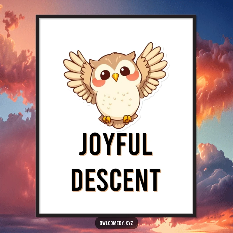 Funny joyful owl swooping with wide wings spread in flight, conveying happiness and freedom, high-resolution art.