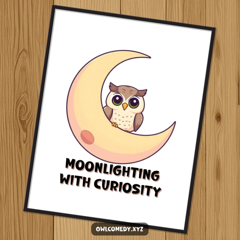 Funny digital art print of a curious owl peeking from behind a smiling crescent moon, perfect for humor.