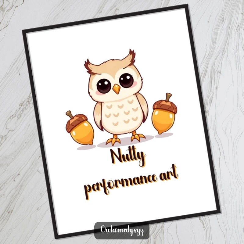 Funny kawaii owl attempting to juggle three shiny acorns, as a printable digital art piece.
