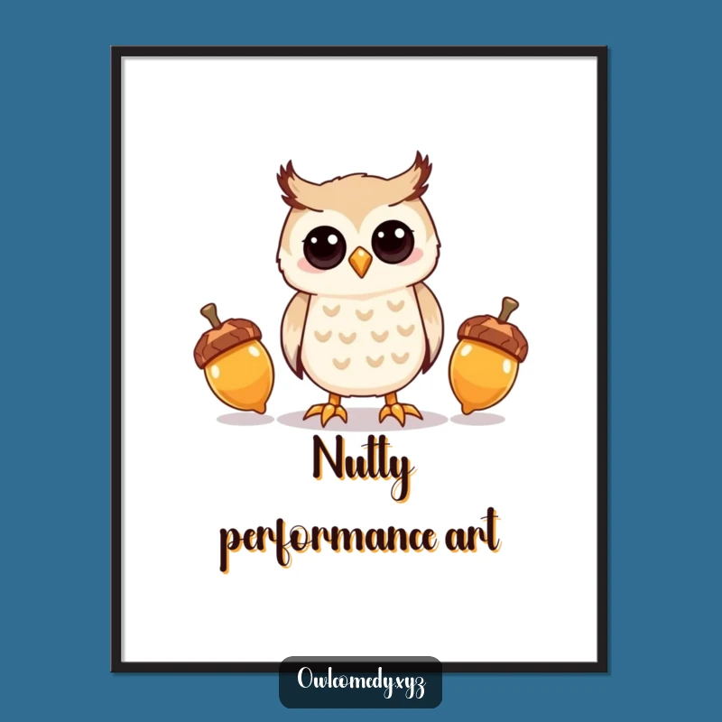 Funny Kawaii Owl Acorn Juggling Digital Art - Printable Decor - Funny Gift