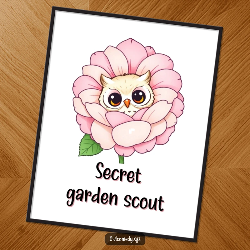 High-resolution digital art print of a funny owl peeking curiously from behind a large, blooming flower. Instant wall decor.
