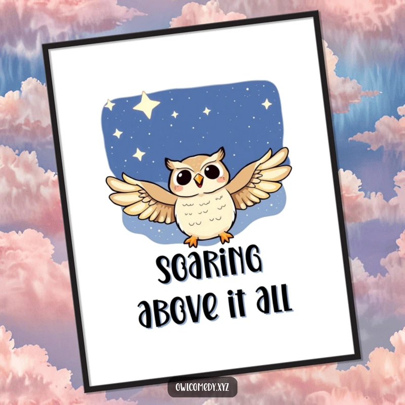 Funny digital art print of a joyful owl with outstretched wings soaring through a starry night sky, perfect for humor.